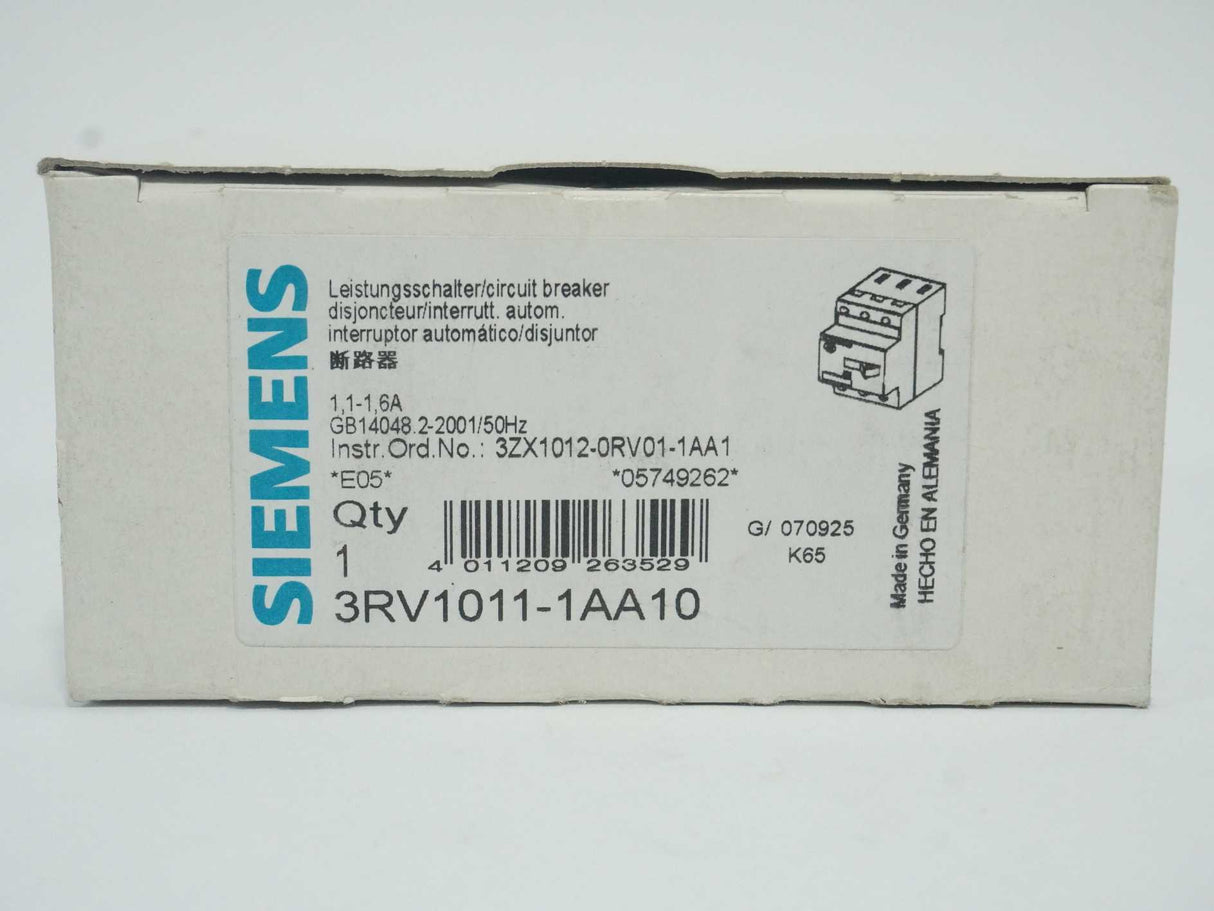 Siemens 3RV1011-1AA10 3RV1011-1AA10 Circuit Breaker 1.1-1.6A