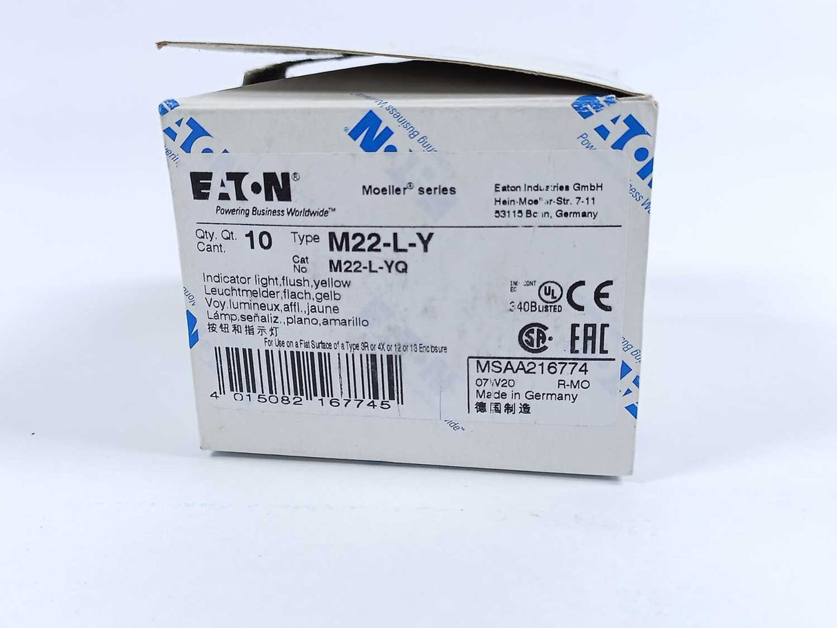 Eaton M22-L-Y Indicator Light, Flush Yellow, Batch of 10 pcs.