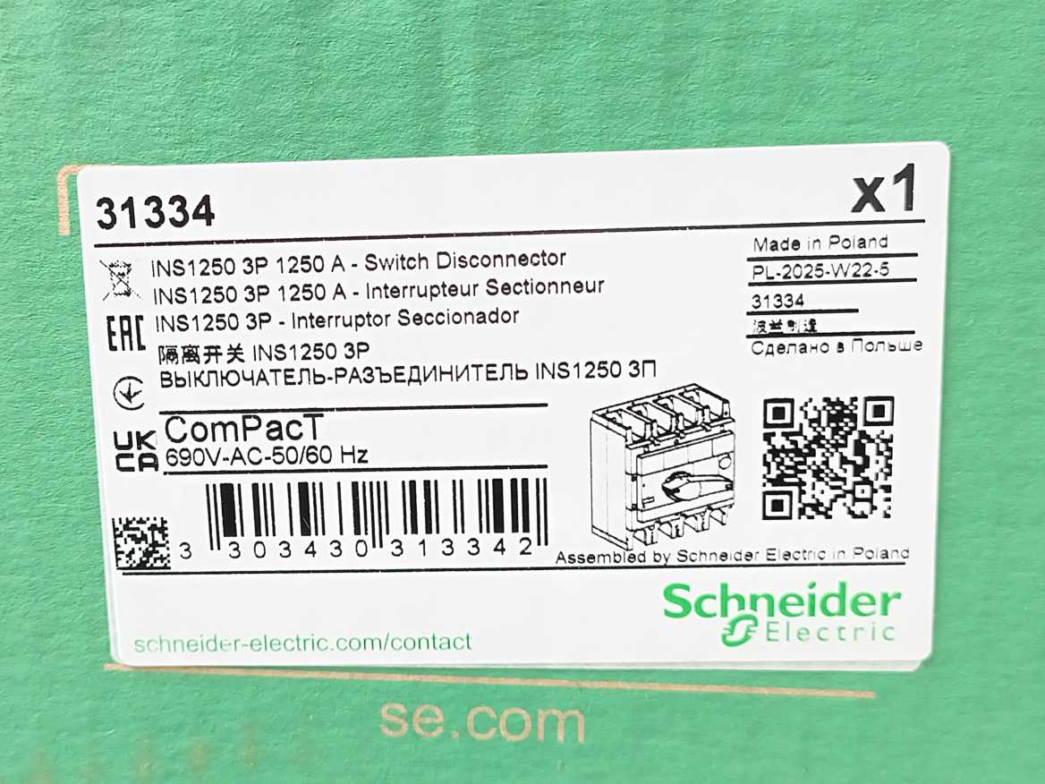 Schneider Electric 31334 Switch Disconnector, Compact INS1250, 1250 A
