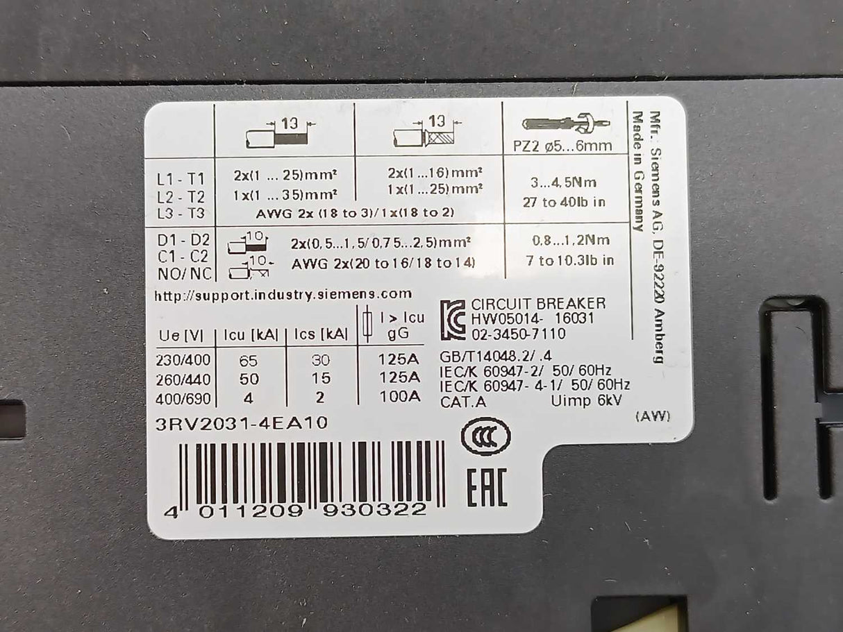 Siemens 3RV2031-4EA10 Circuit Breaker for Motor Protection. 22-32A