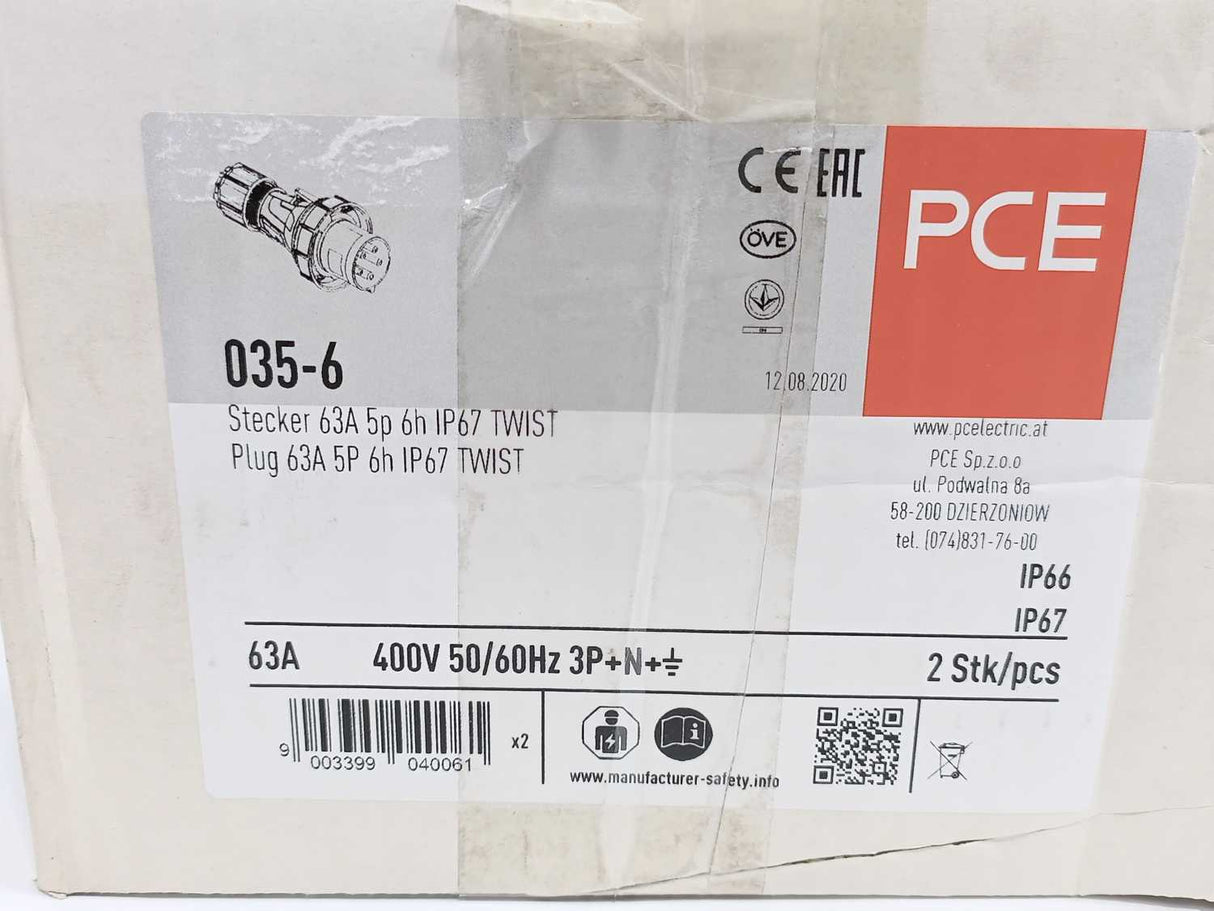 PCE 035-6 CEE-plug 63A 5p 6h IP67. Box of 2 pcs.
