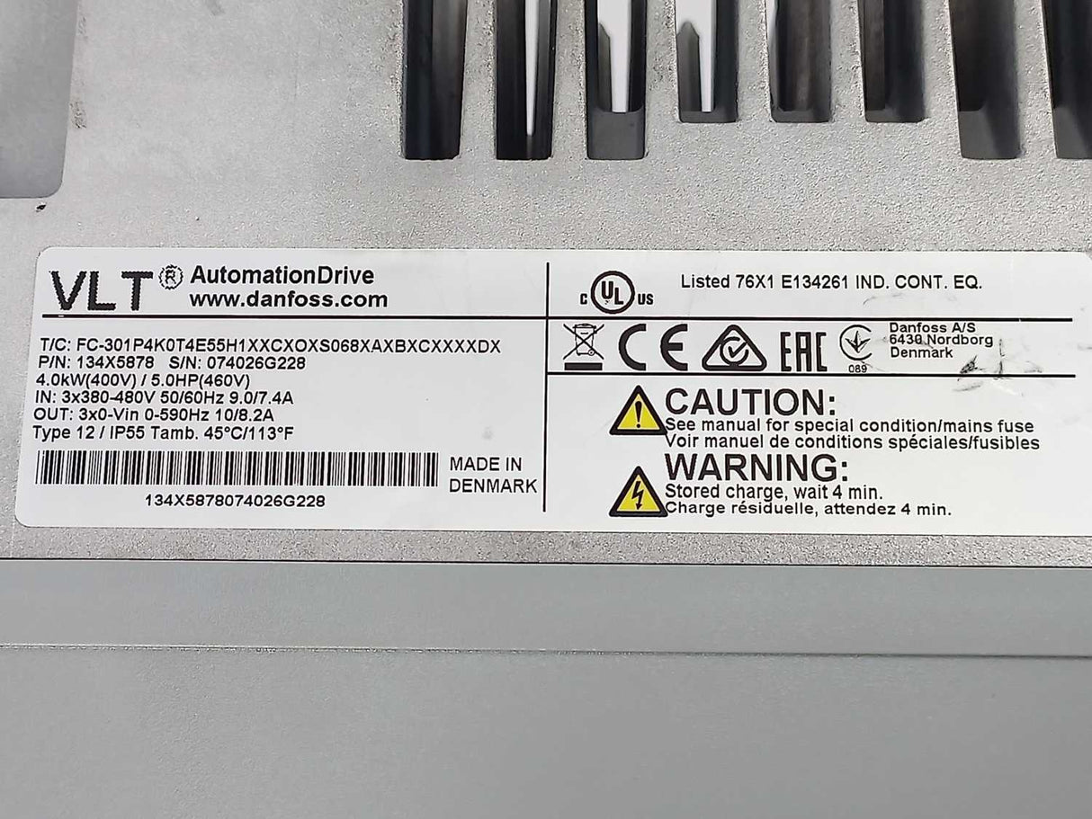 Danfoss FC-301P4K0T4E55H1XXCXOXS068XAXBXCXXXXDX 134X5878 VLT Frequency 5HP