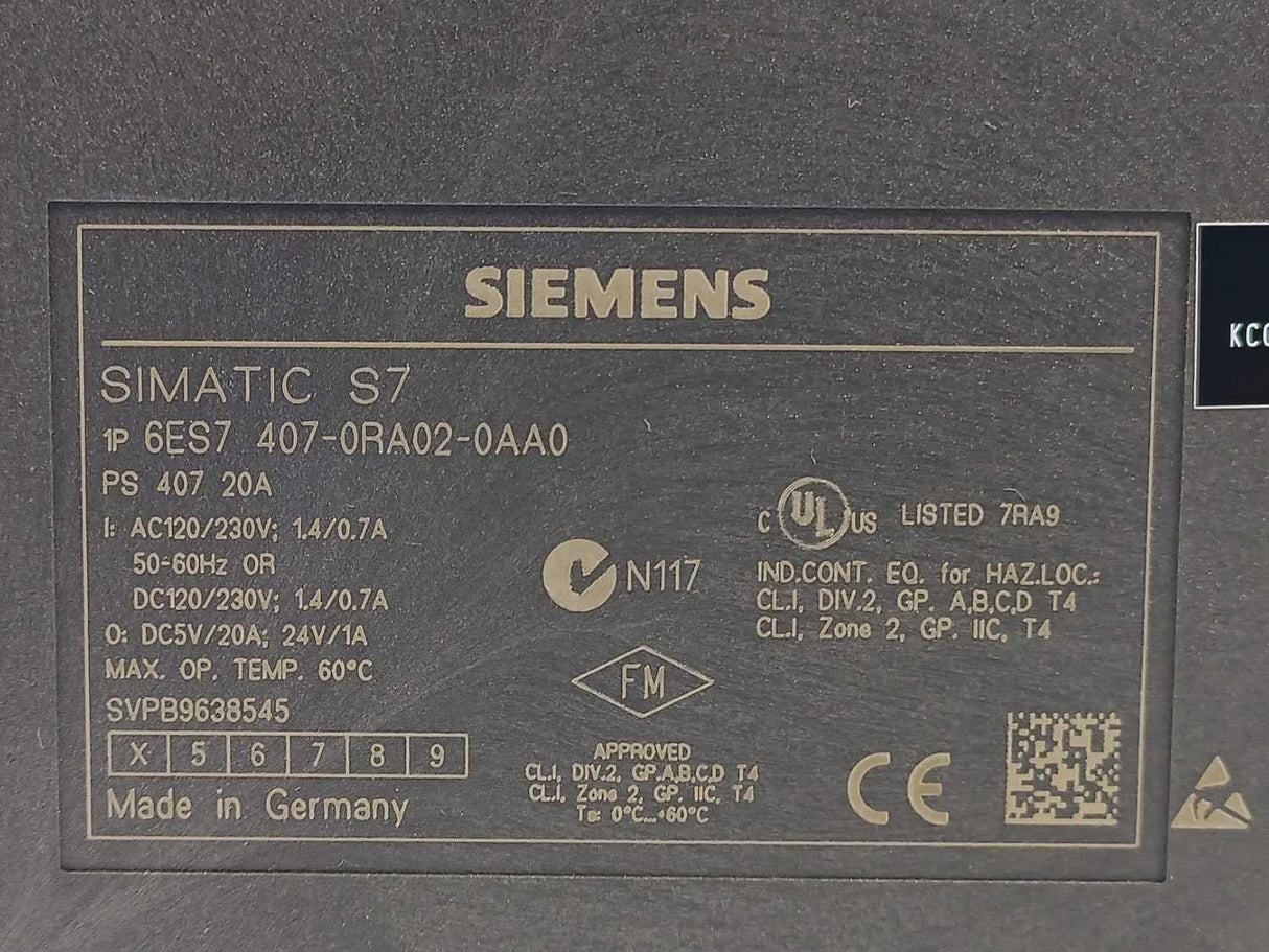 Siemens 6ES7407-0RA02-0AA0 Power Supply Simatic S7-400