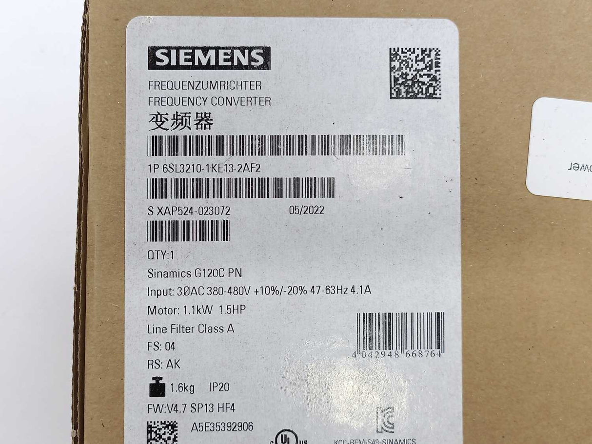 Siemens 6SL3210-1KE13-2AF2 Sinamics G120C PN Frequency Converter