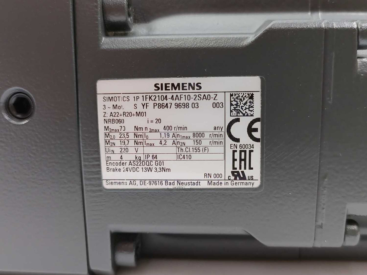 Siemens 1FK2104-4AF10-2SA0-Z Electric Motor-Inverter Duty i:20