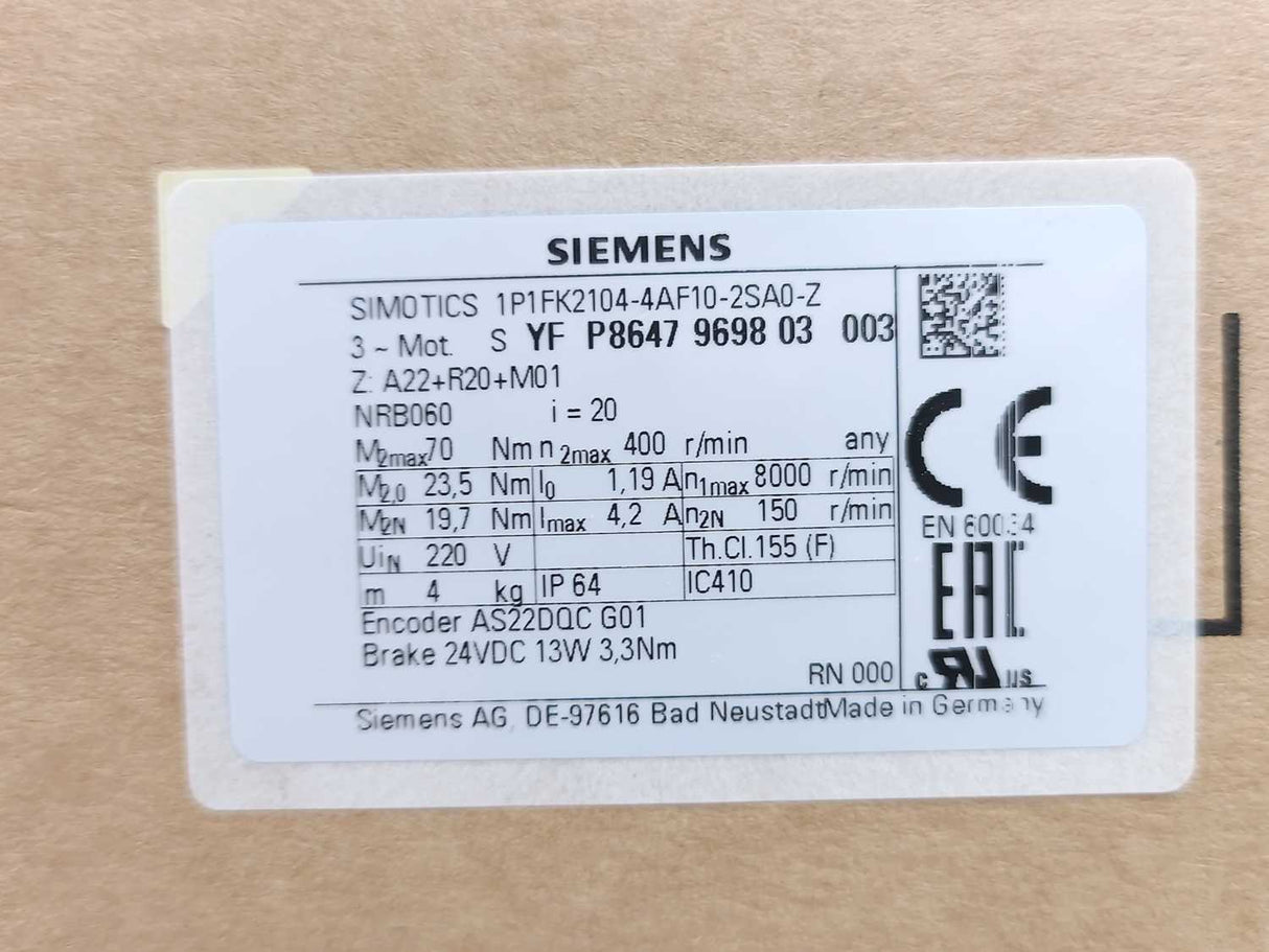 Siemens 1FK2104-4AF10-2SA0-Z Electric Motor-Inverter Duty i:20