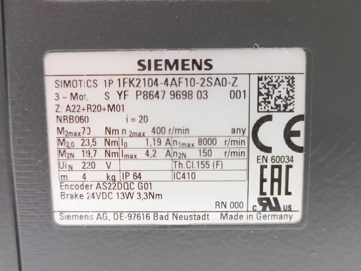 Siemens 1FK2104-4AF10-2SA0-Z Electric Motor-Inverter Duty i:20