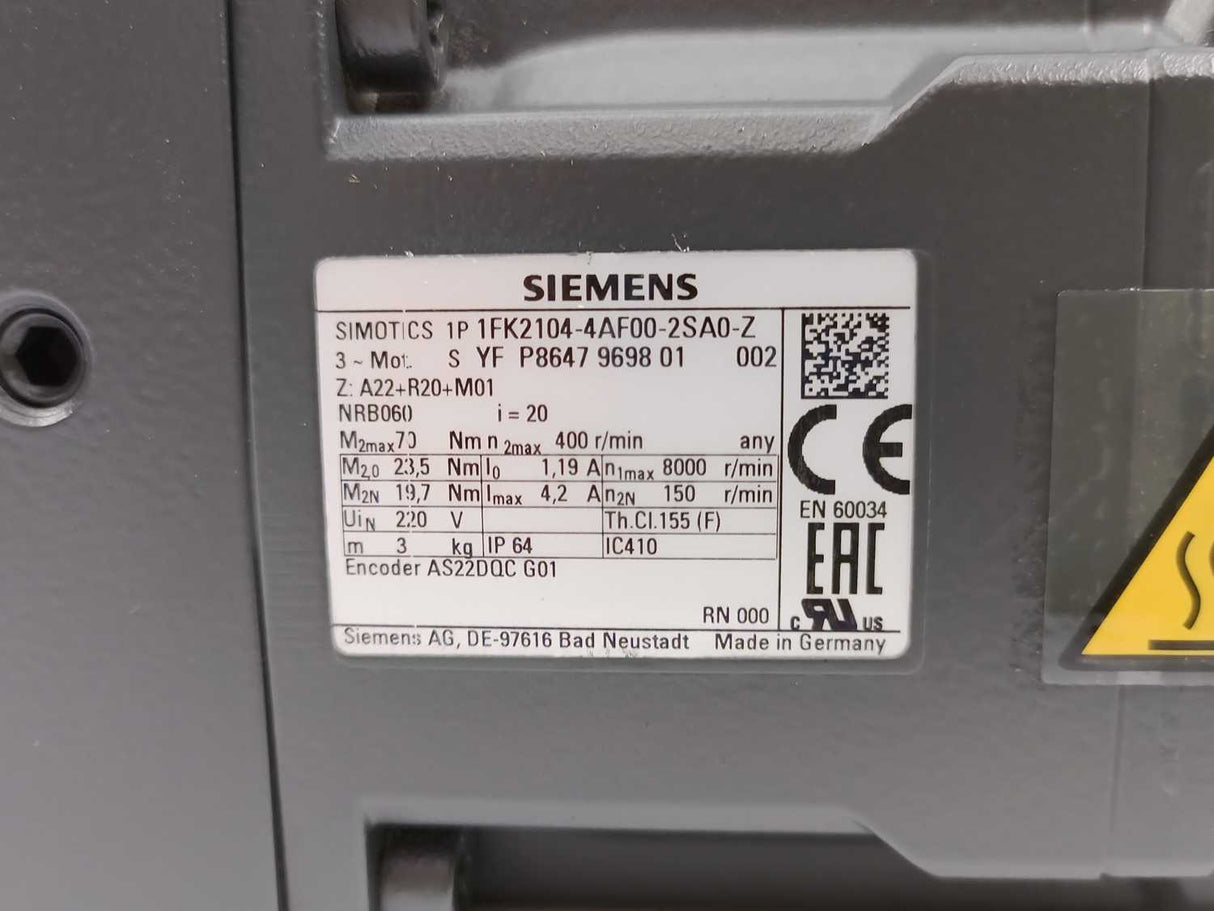 Siemens 1FK2104-4AF00-2SA0-Z Electric Motor - Inverter Duty i:20