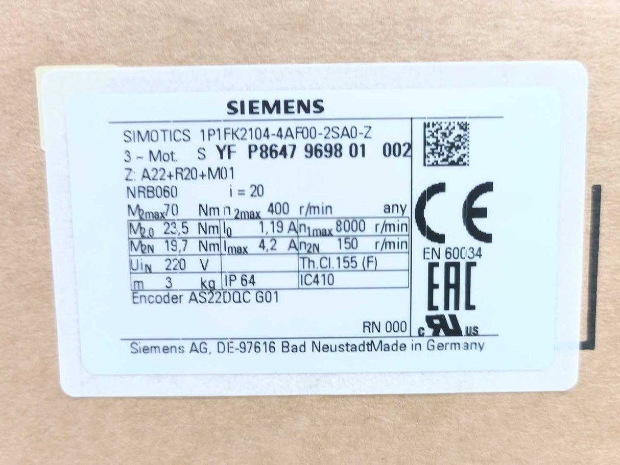 Siemens 1FK2104-4AF00-2SA0-Z Electric Motor - Inverter Duty i:20