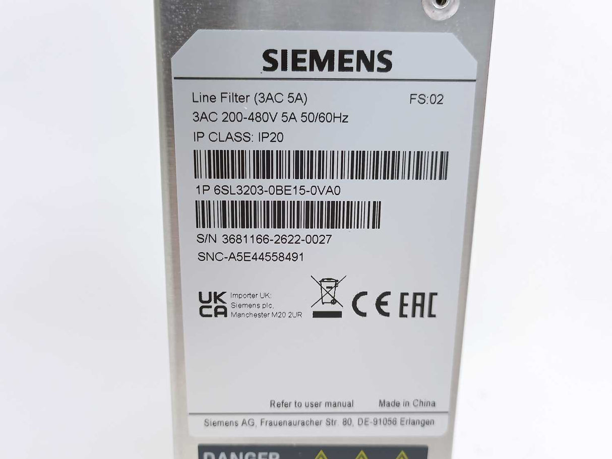 Siemens 6SL3203-0BE15-0VA0 SINAMICS V Series EMC Filter, 5A, 480 V