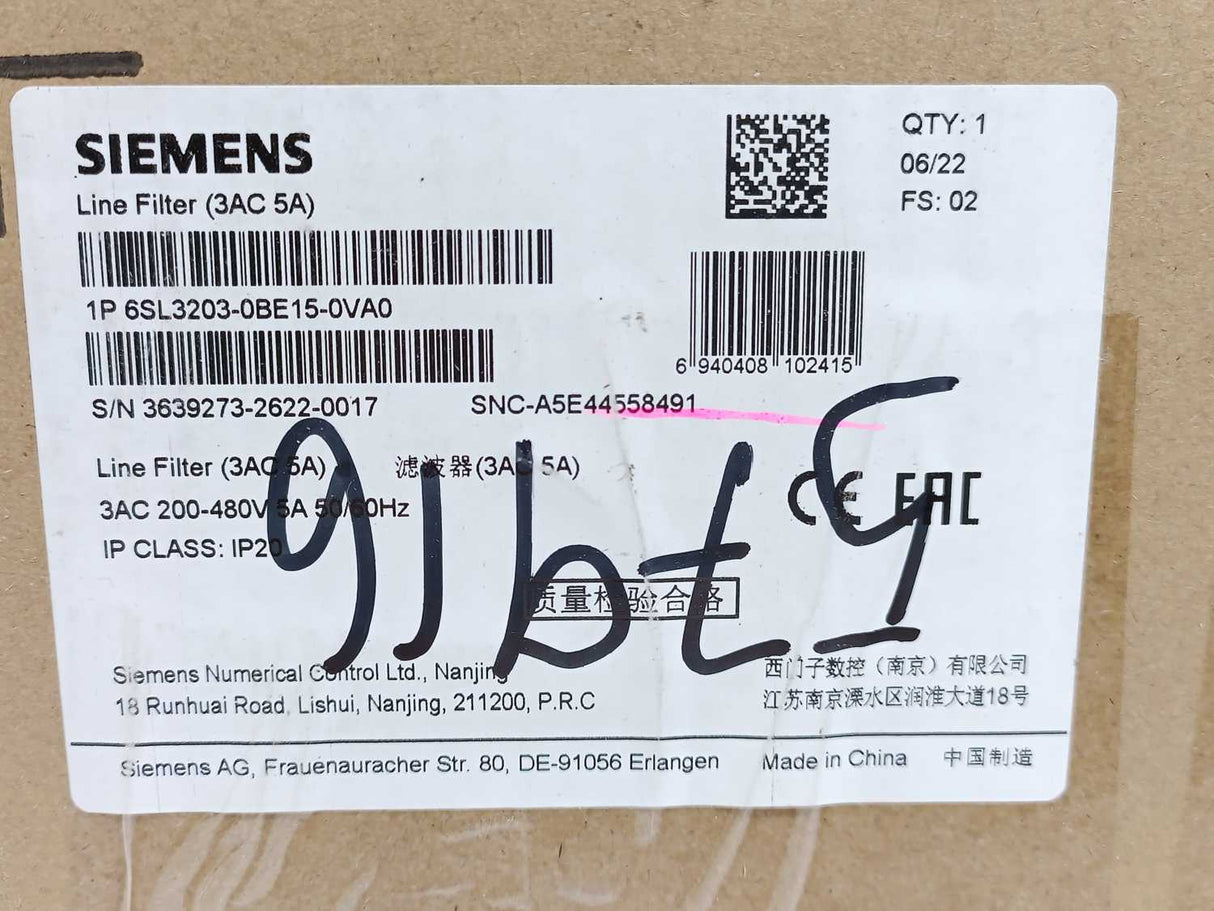 Siemens 6SL3203-0BE15-0VA0 SINAMICS V Series EMC Filter, 5A, 480 V
