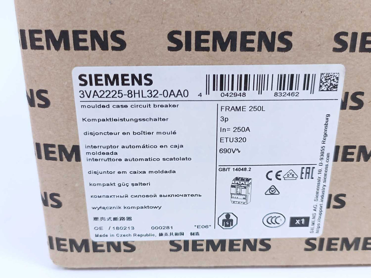 Siemens 3VA2225-8HL32-0AA0 Moulded Case Circuit Breaker, In=250A