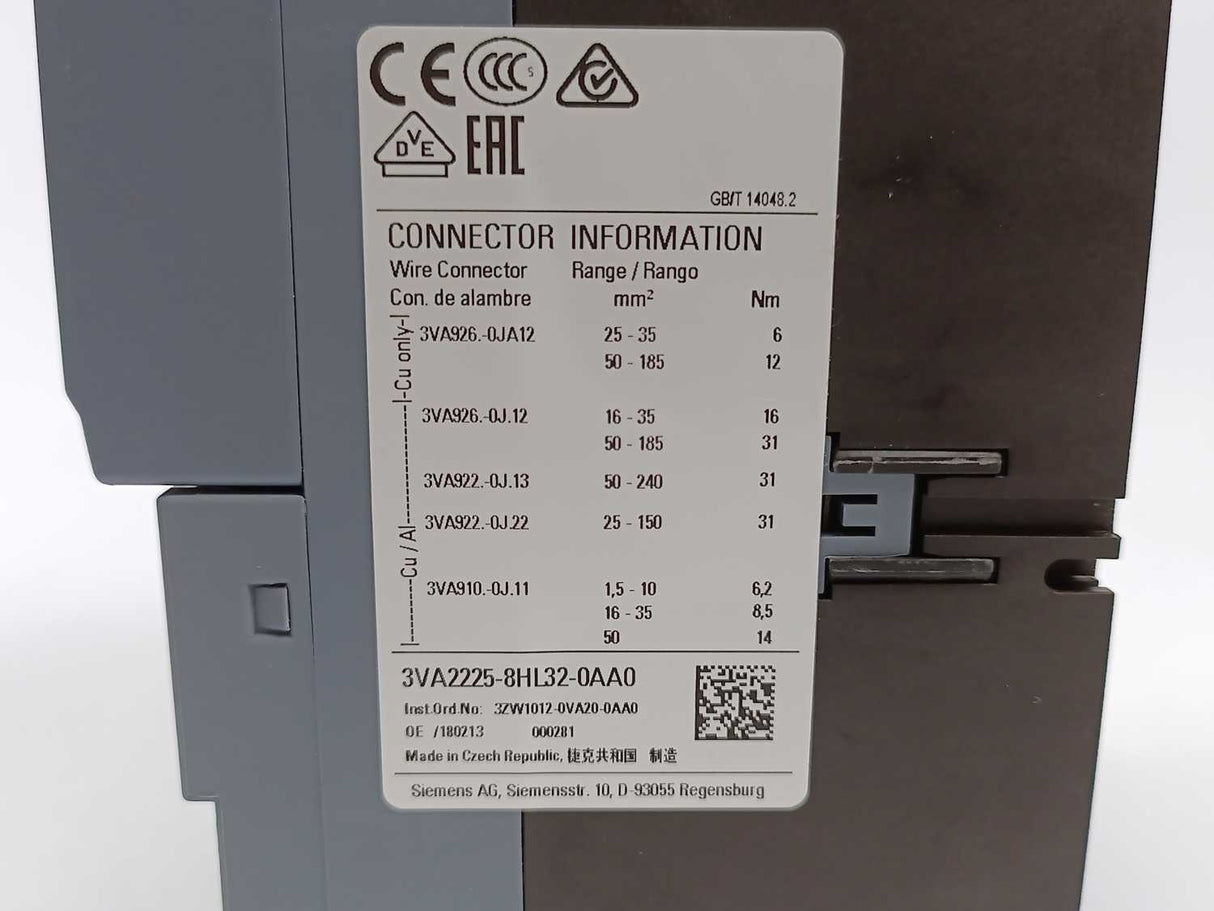 Siemens 3VA2225-8HL32-0AA0 Moulded Case Circuit Breaker, In=250A