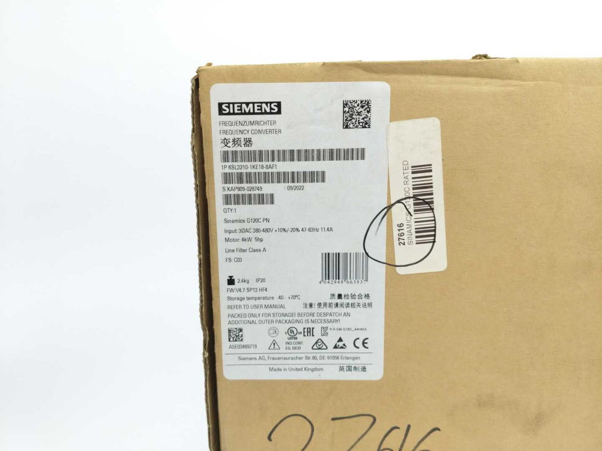 Siemens 6SL3210-1KE18-8AF1 SINAMICS G120C 4 kW Frequency Converter