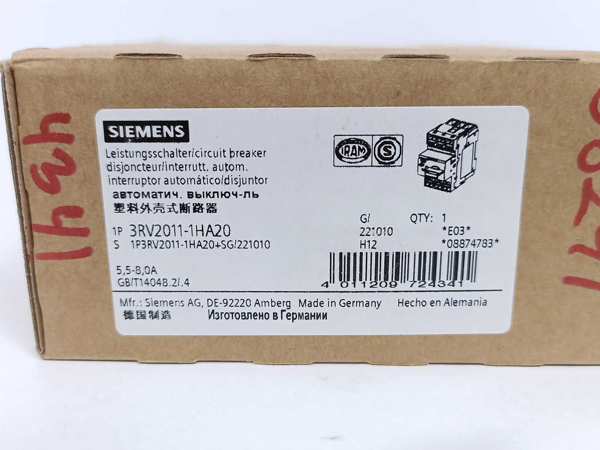 Siemens 3RV2011-1HA20 Circuit Breaker for Motor Protection 5,5-8,0A