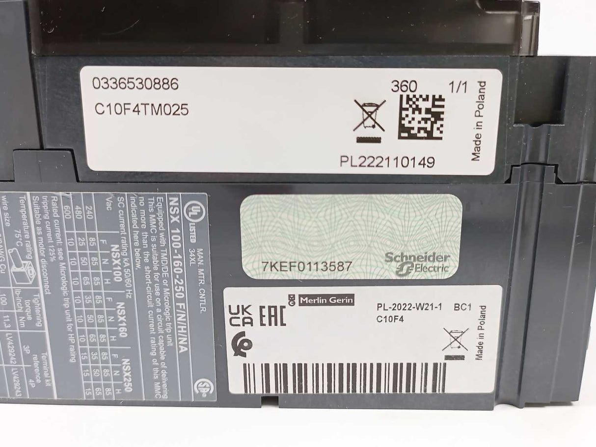 Schneider Electric C10F4TM025 ComPacT NSX100F TM25D 4P4D Circuit Breaker