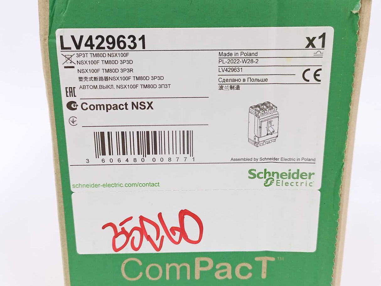 Schneider Electric LV429631 ComPact NSX100F + TM80D 3P3D Circuit Breaker