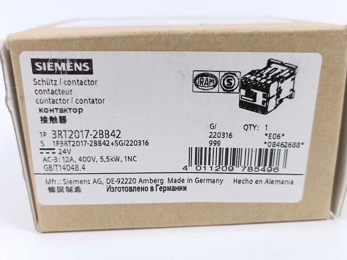 Siemens 3RT2017-2BB42 Power Contactor 24V Coil