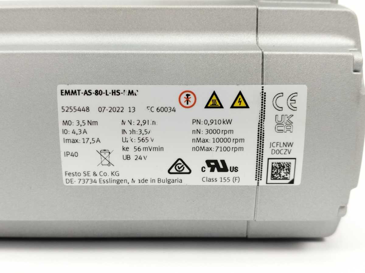 Festo 5255448 EMMT-AS-80-L-HS-RMB Servo Motor 910W 680V