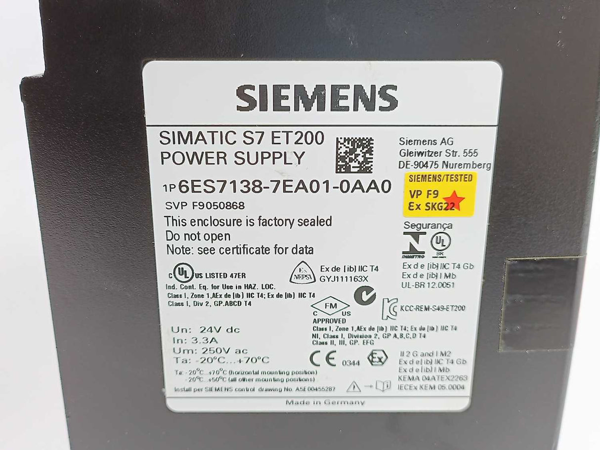 Siemens 6ES7138-7EA01-0AA0 SIMATIC S7 ET200 Power Supply 24V dc