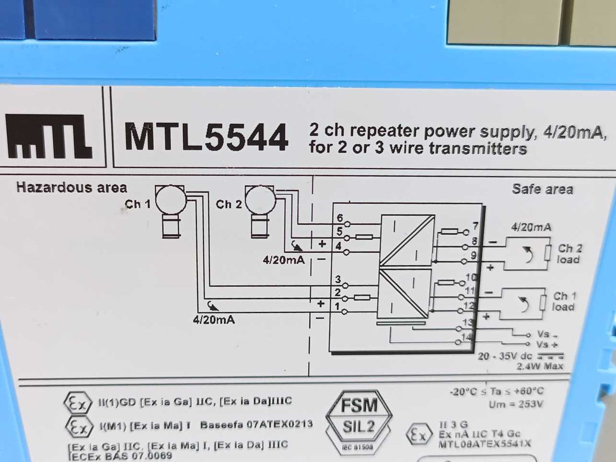 MTL MTL5544 2 Channel Repeater Power Supply, 4/20mA, for 2 or 3 Wire Transmitter