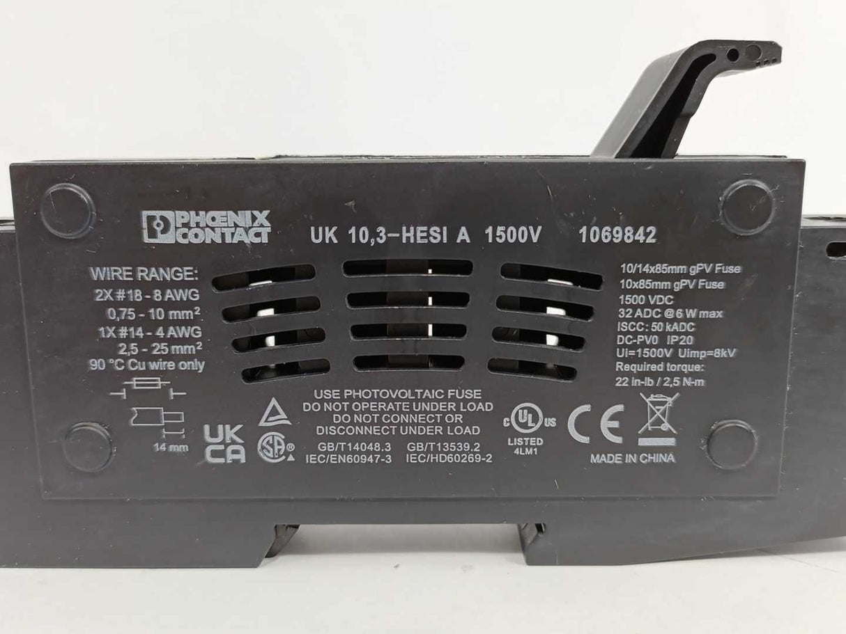 Phoenix Contact 1069842 UK 10,3-HESI A 1500V Fuse Terminal Batch 5pcs.
