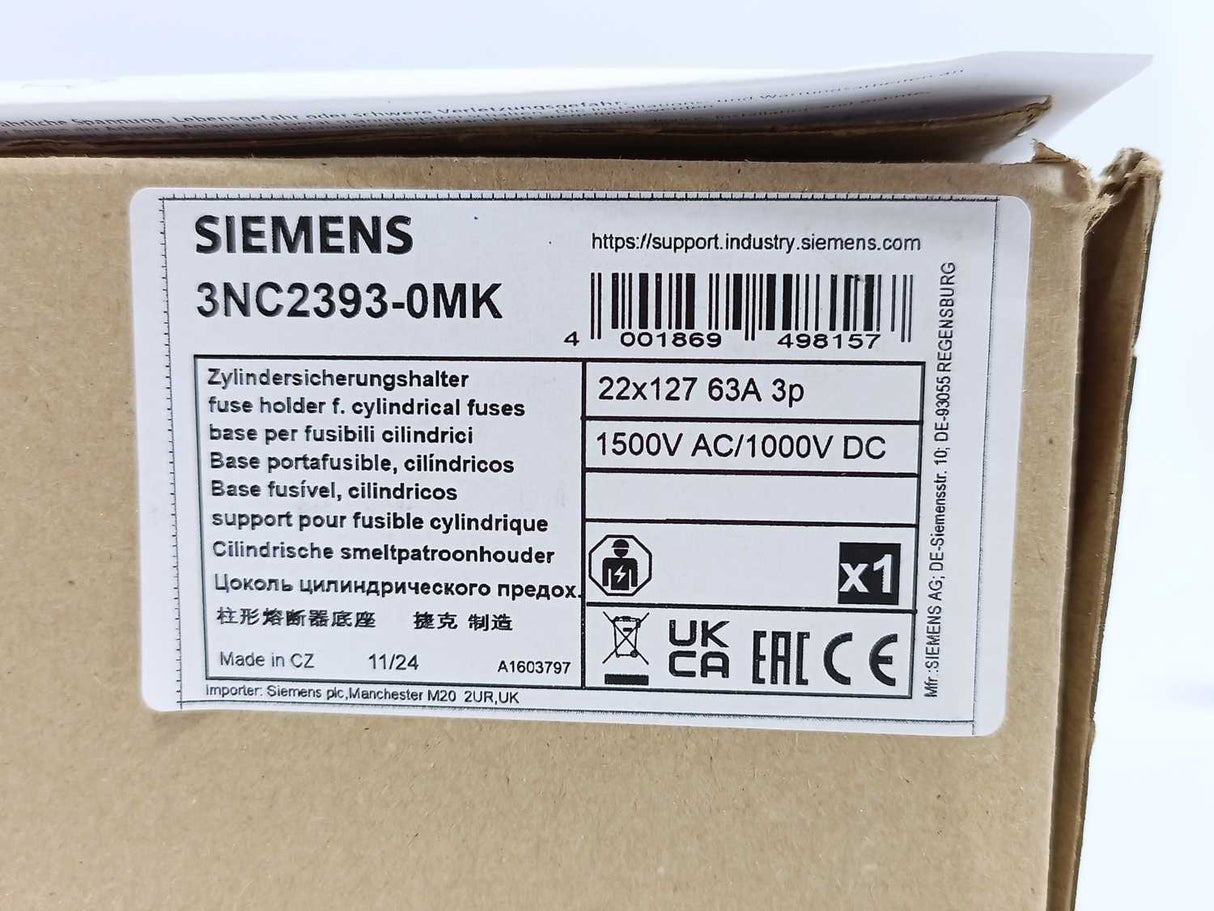 Siemens 3NC2393-0MK SITOR Fuse Holder 63A 1500V AC/1000VDC 3-Pole