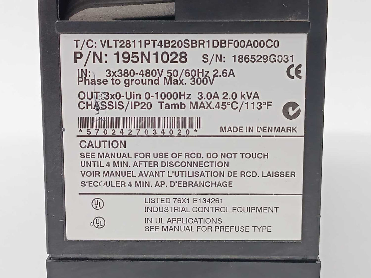 Danfoss VLT2811PT4B20SBR1DBF00A00C0 195N1028 VLT 2800 Series 1.1kW / 1.5HP Drive