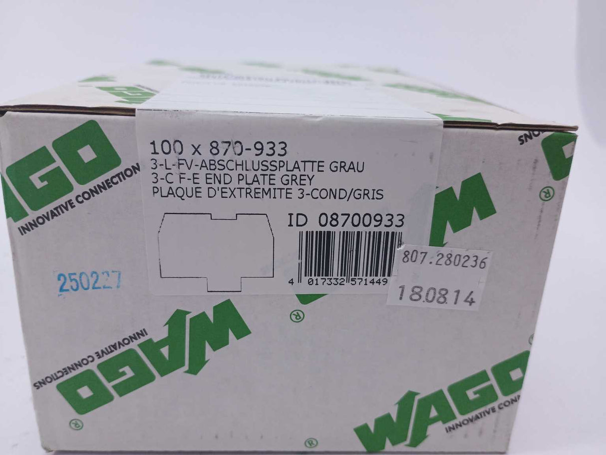 Wago 870-933 3-C F-E END PLATE GREY 100 Pcs