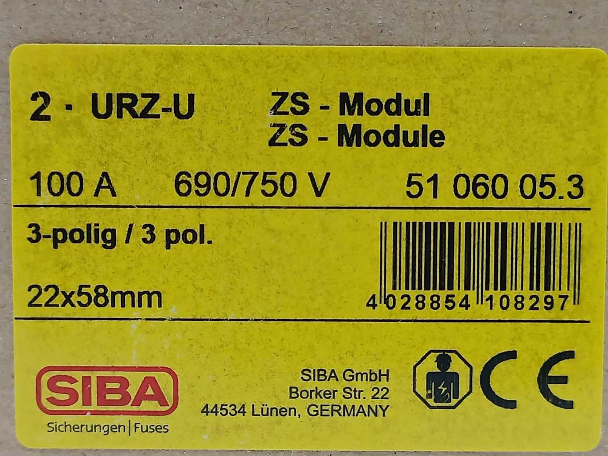 SIBA 5106005.3 URZ-U ZS Module 22x58 690/750V 100A 2 PCS