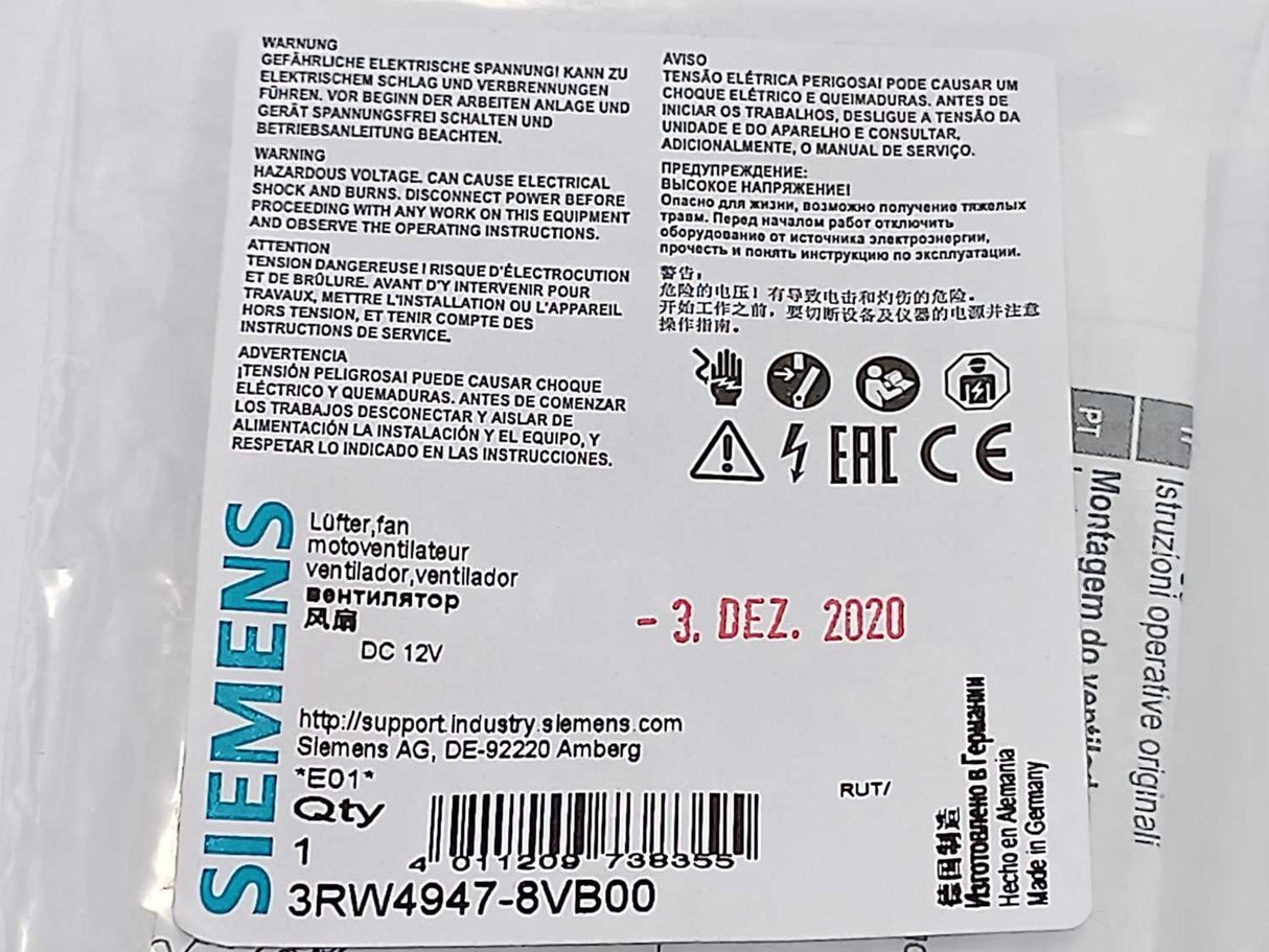 Siemens 3RW4947-8VB00 Fan for SIRIUS soft starter 3RW403 S2, 3RW404 S3