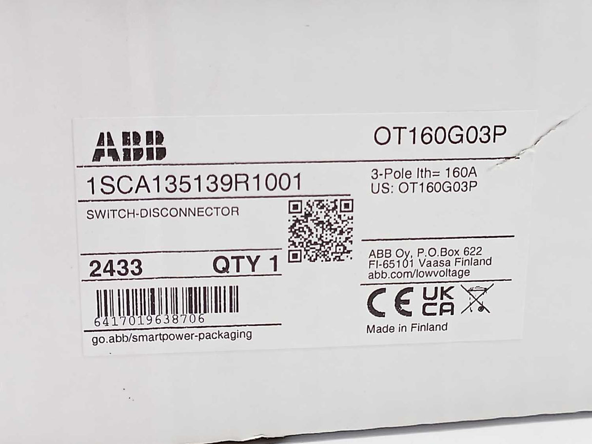ABB 1SCA135139R1001 OT160G03P Switch Disconnector w/OHB65J6 Handle