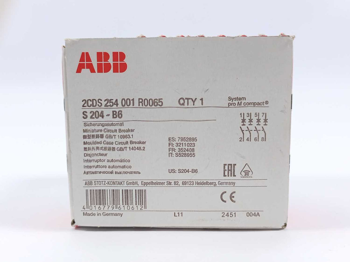 ABB 2CDS254001R0065 Miniature Circuit Breaker S204-B6