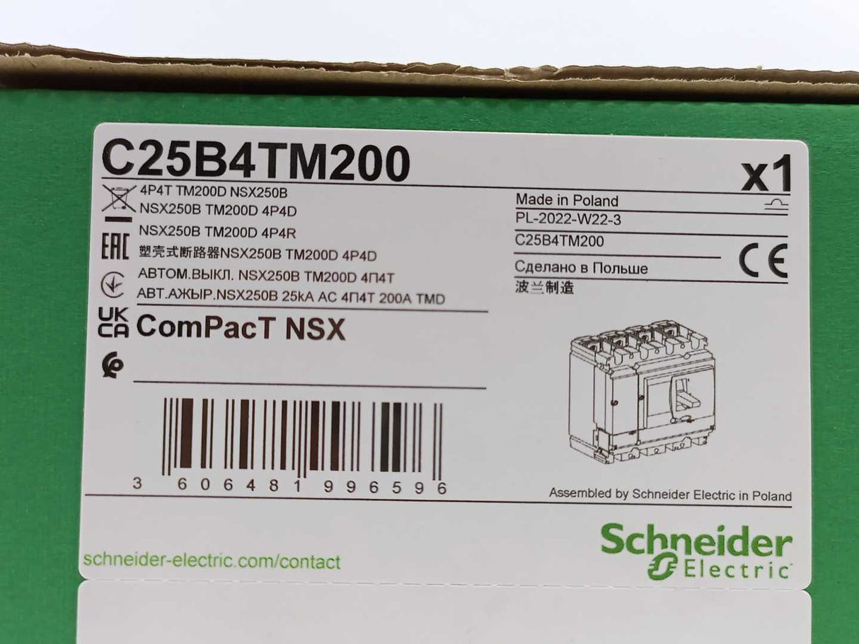 Schneider Electric C25B4TM200 Circuit Breaker, ComPacT NSX250B, 25kA/415VAC