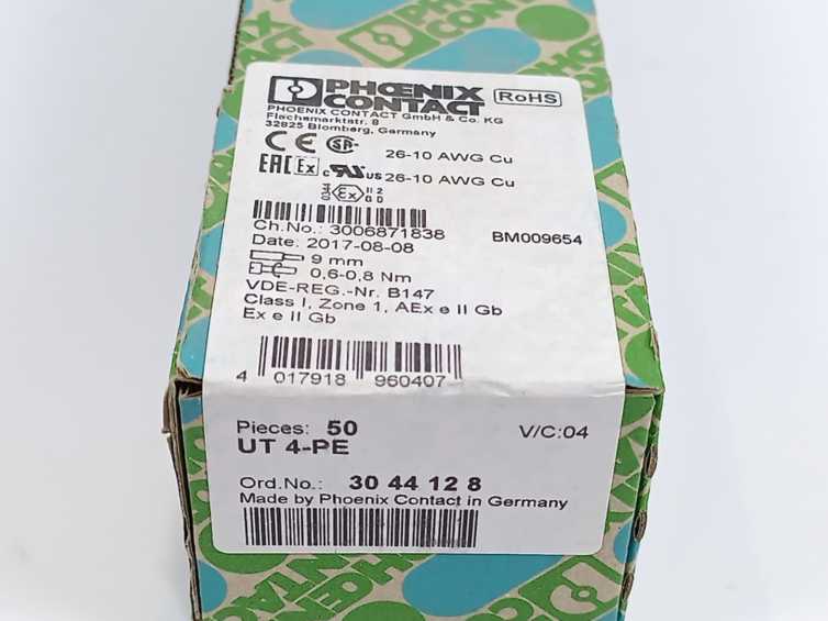 Phoenix Contact 3044128 UT 4-PE Splice Terminal Batch 50 Pcs.