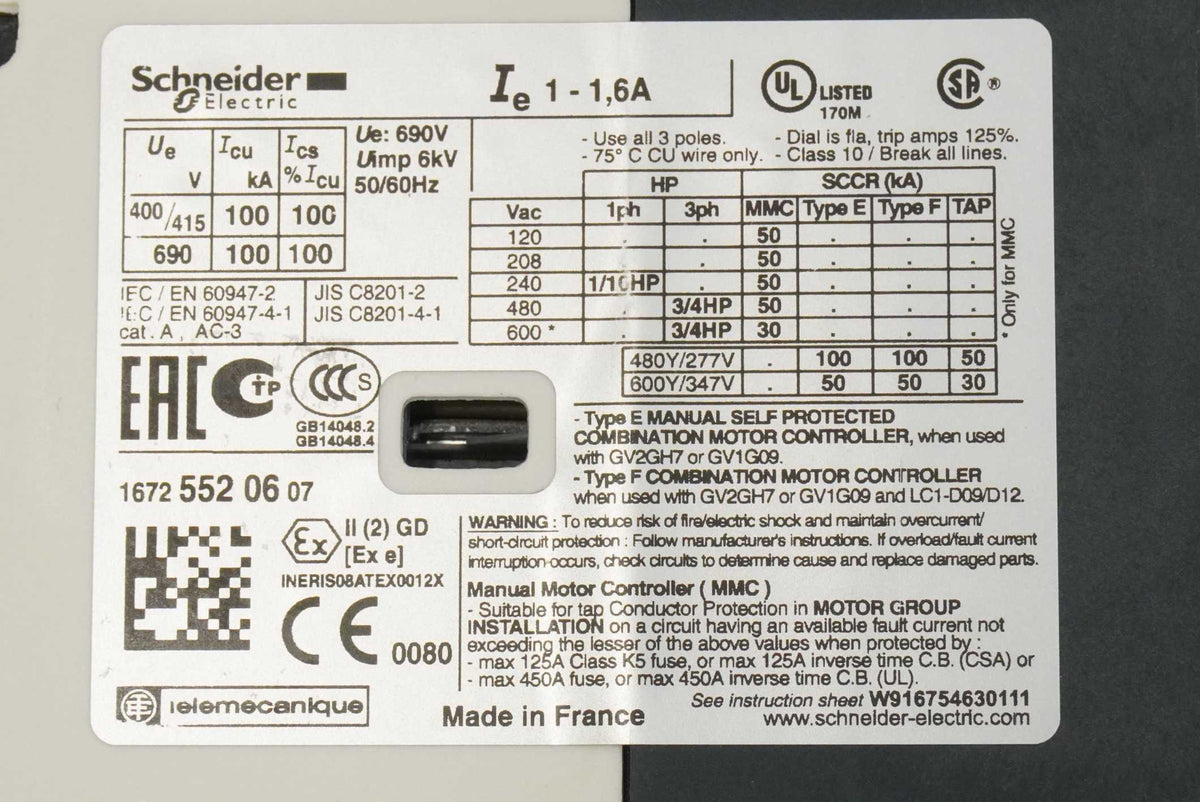 Schneider Electric GV2P06 TeSys Deca Manual Motor Starter and Protector 1-1.6A