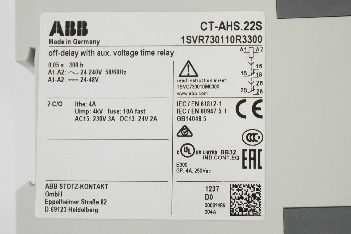 ABB 1SVR730110R3300 CT-AHS.22S Off-Delay with Auxiliary Voltage Time Relay