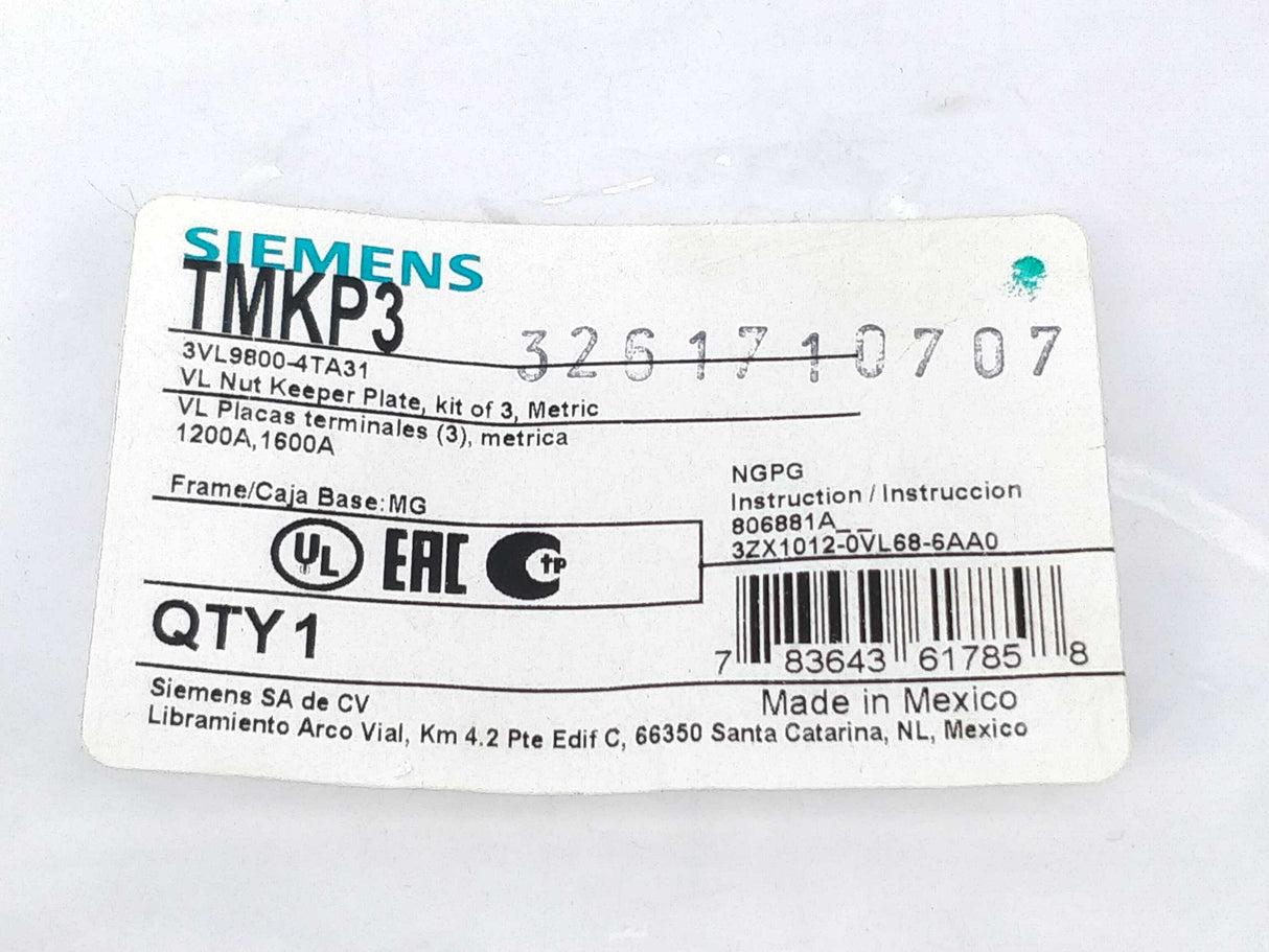 Siemens TMKP3 | 3VL98004TA31 Nut keeper plate