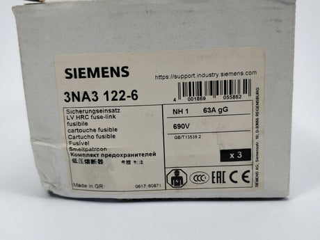 Siemens 3NA3122-6 LV HRC Fuse Links 3pcs