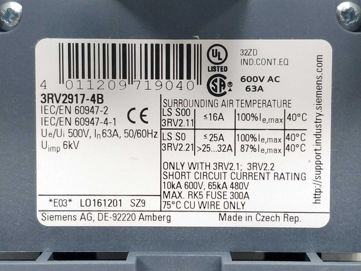 Siemens 3RV2917-4B 3-phase busbar