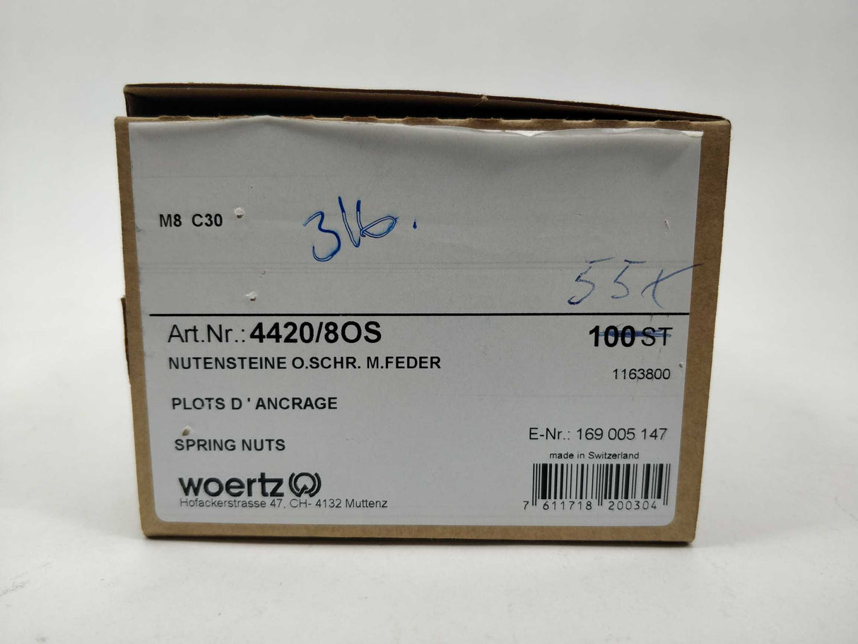 Woertz 4420/8OS Slot nuts C30 M8 without screw, with spring 54 Pcs