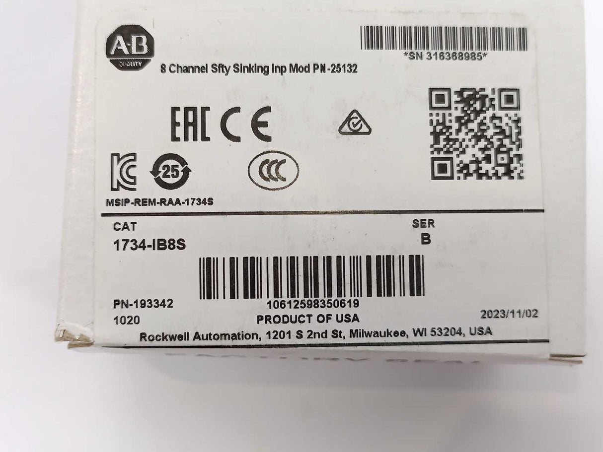 AB 1734-IB8S 8 Channel Sfty Sinking Inp Mod PN-25132 SER. B