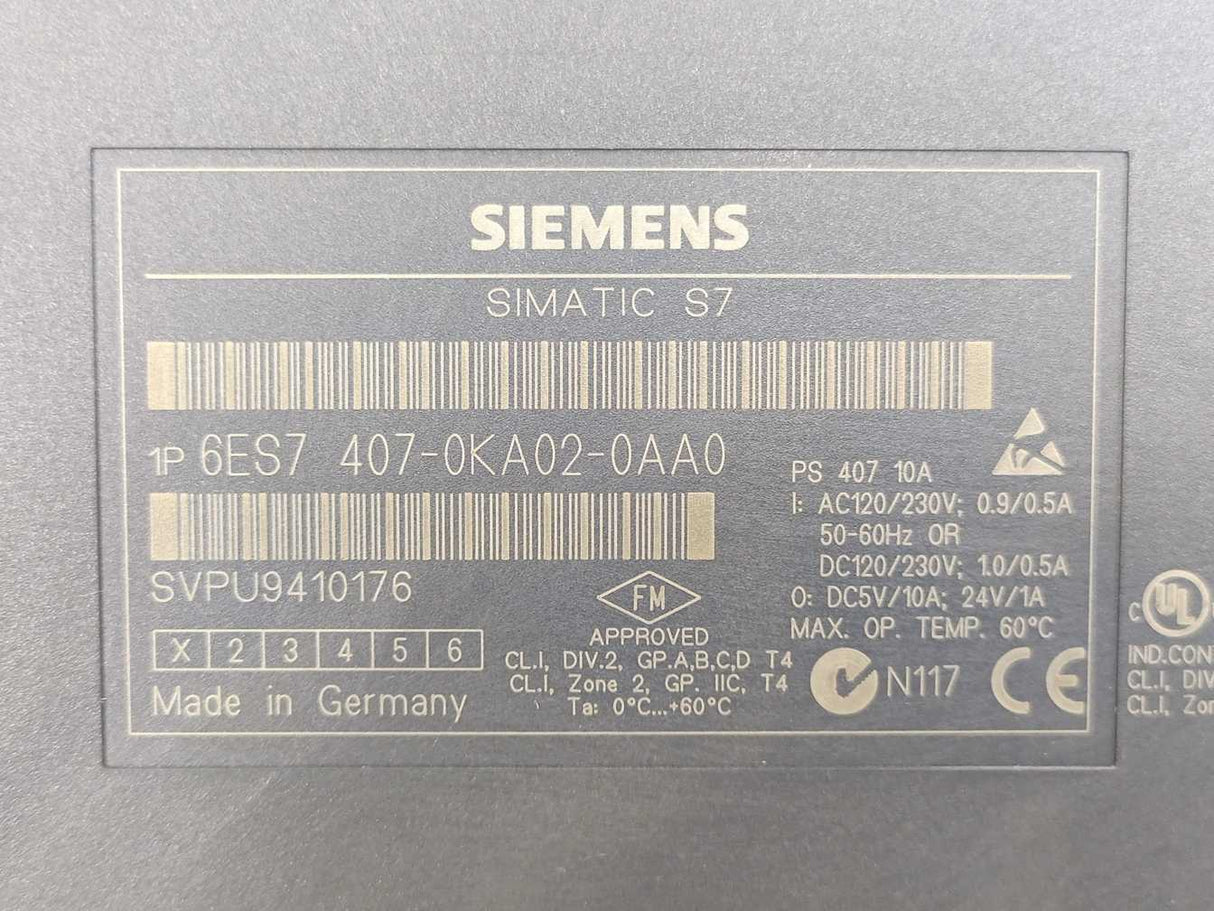Siemens 6ES7 407-0KA02-0AA0 Simatic S7-400 Power Supply Module PS 407 10A