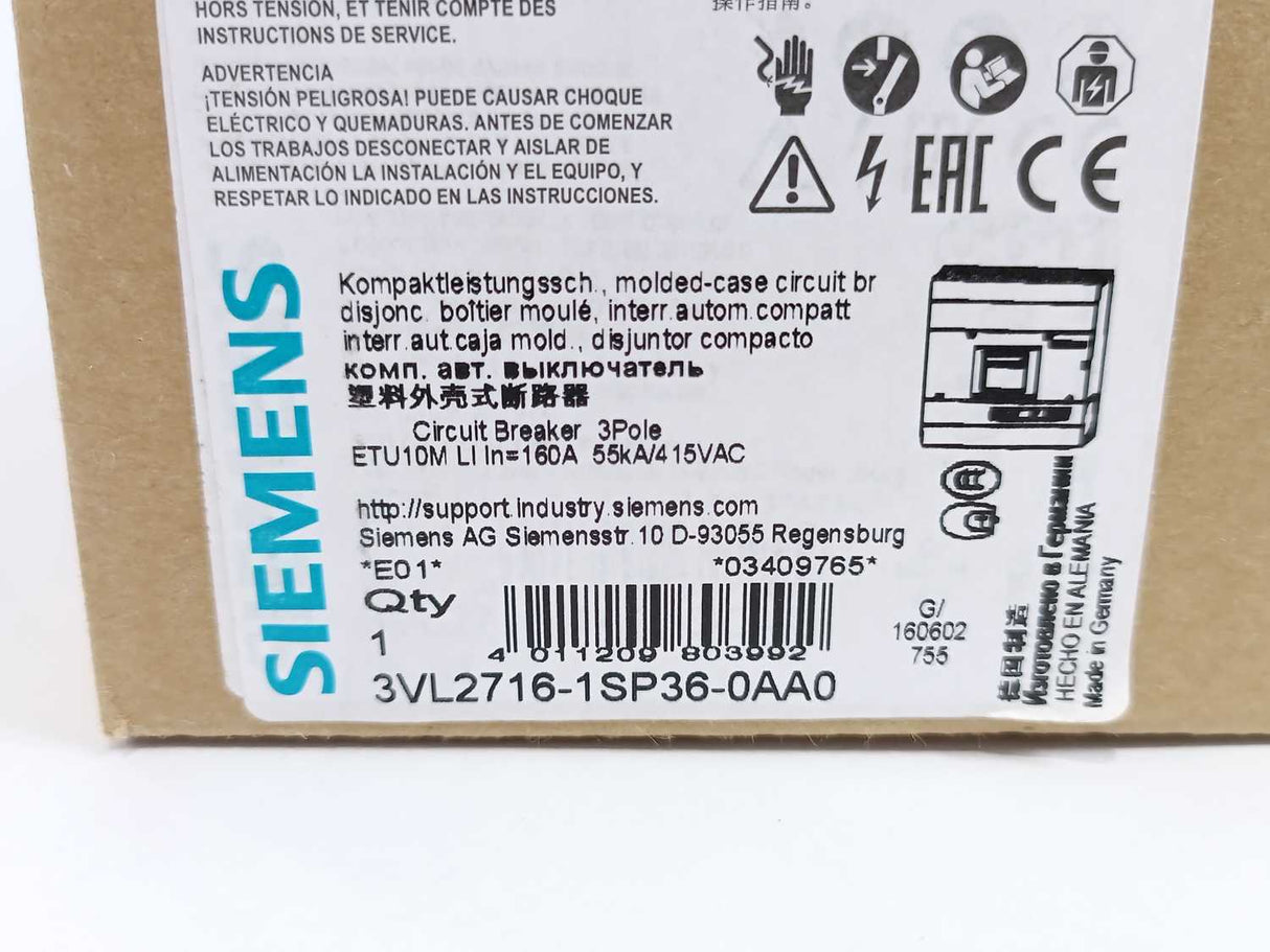 Siemens 3VL2716-1SP36-0AA0 VL160N Circuit Breaker