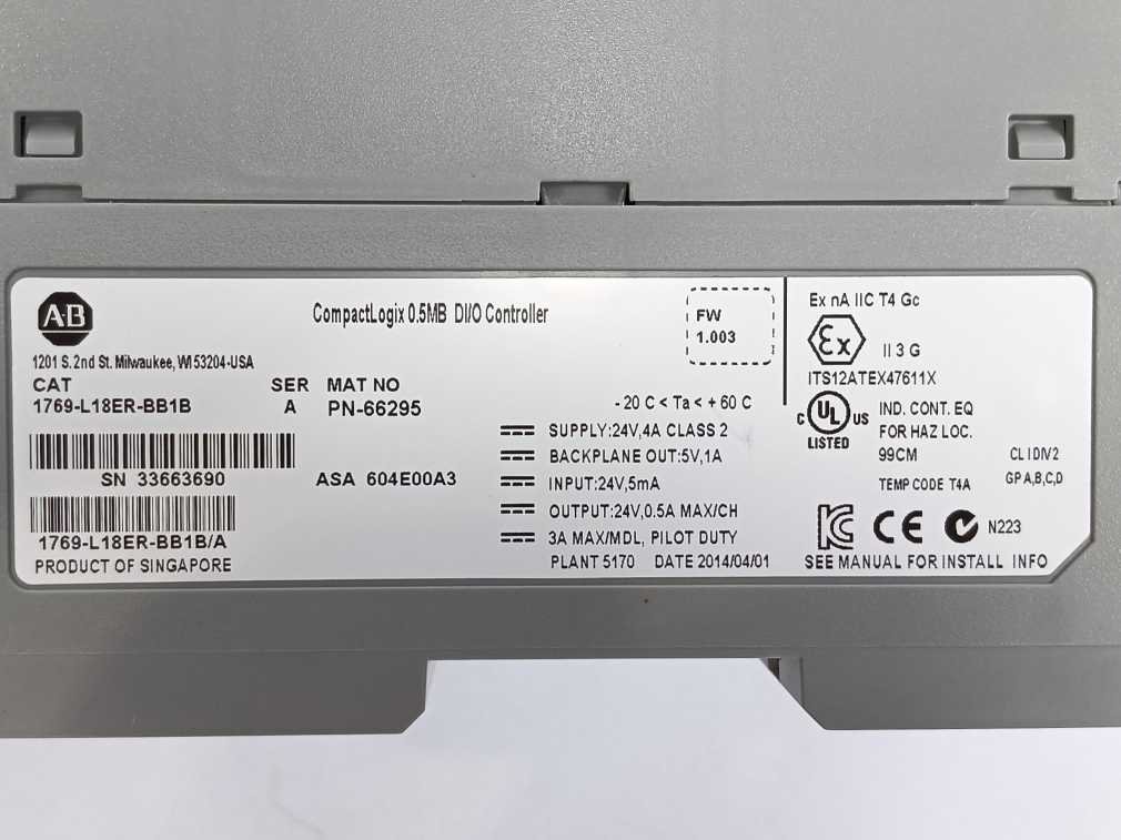 AB 1769-L18ER-BB1B Ser. A CompactLogix 0.5MB DI/O Controller w/ AB 1784-SD1