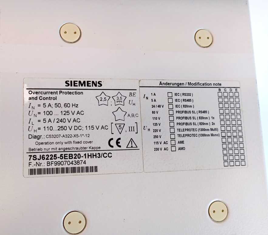 Siemens 7SJ6225-5EB20-1HH3/CC Overcurrent Protection and Control 7SJ62