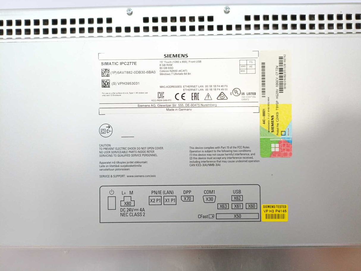 Siemens 6AV7882-0DB30-6BA0 SIMATIC IPC277E 15" Touch TFT