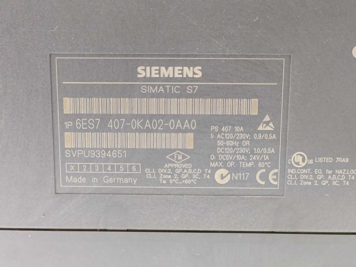 Siemens 6ES7407-0KA02-0AA0 SIMATIC S7-400 Power supply 10A