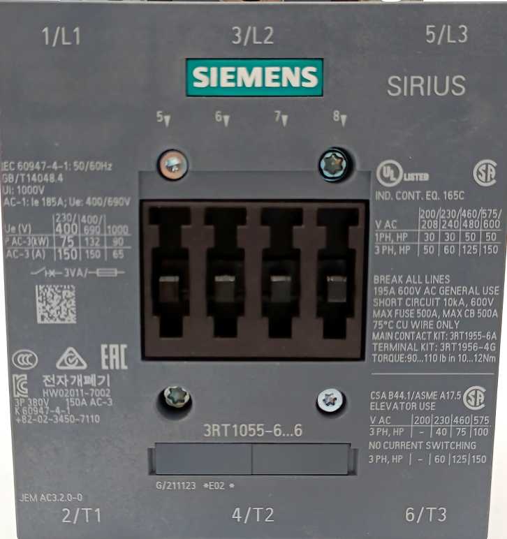 Siemens 3RT1055-6AP36 power contactor, 150 A 3RT1955-5AP31