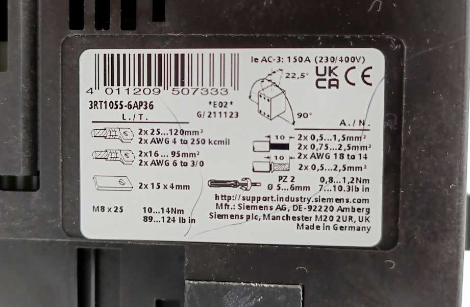 Siemens 3RT1055-6AP36 power contactor, 150 A 3RT1955-5AP31